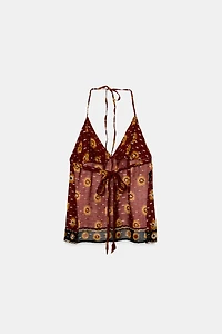 BEADED PRINT GEORGETTE HALTER TOP