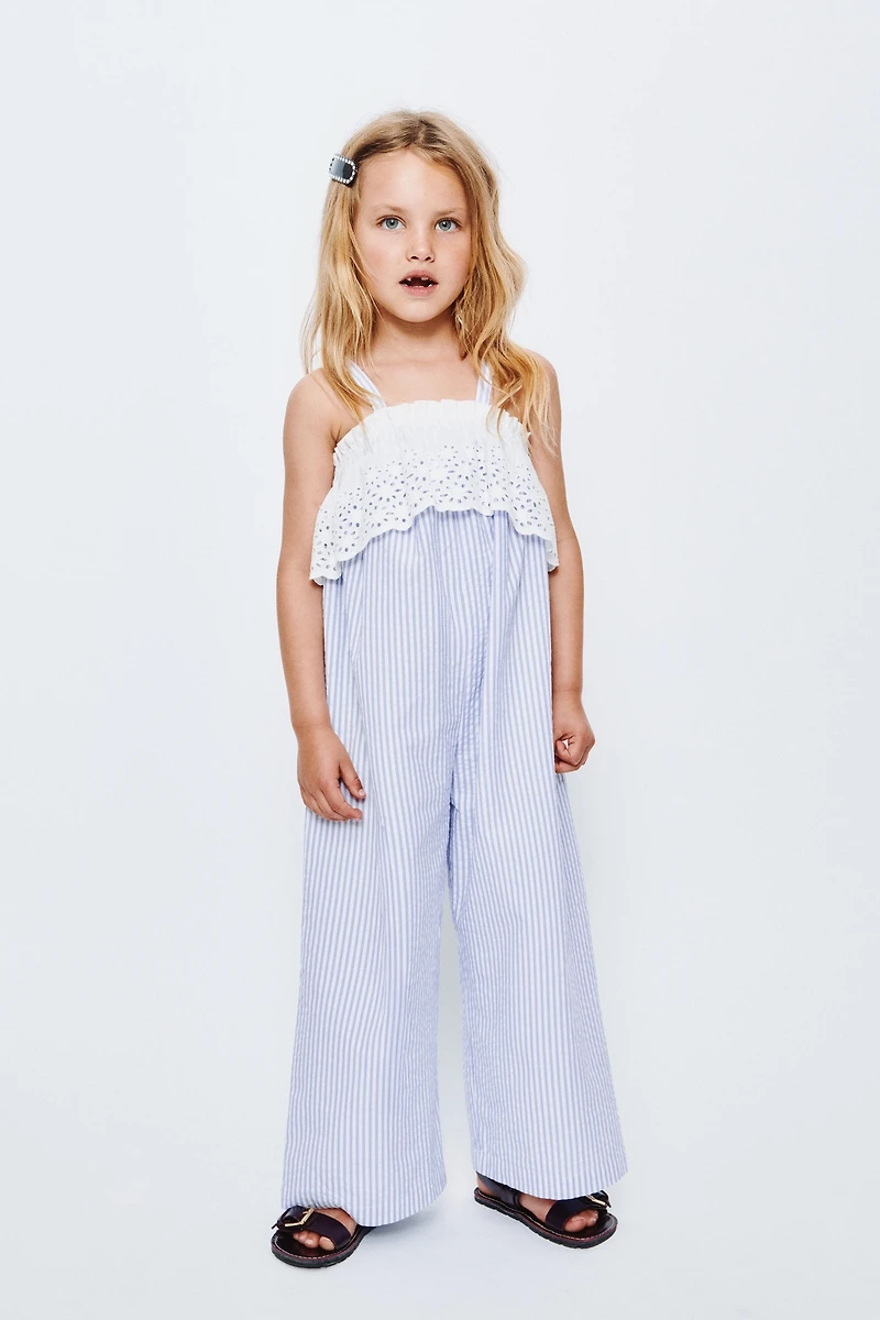 COMBINATION STRIPED AND SWISS EMBROIDERED JUMPSUIT
