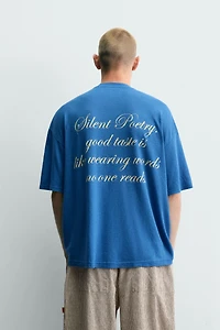 LINEN BLEND PRINTED TEXT T-SHIRT