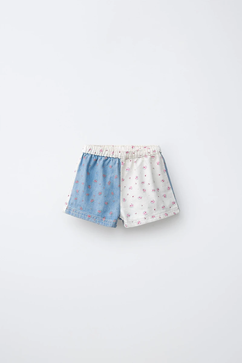 PATCHWORK FLORAL DENIM SHORTS