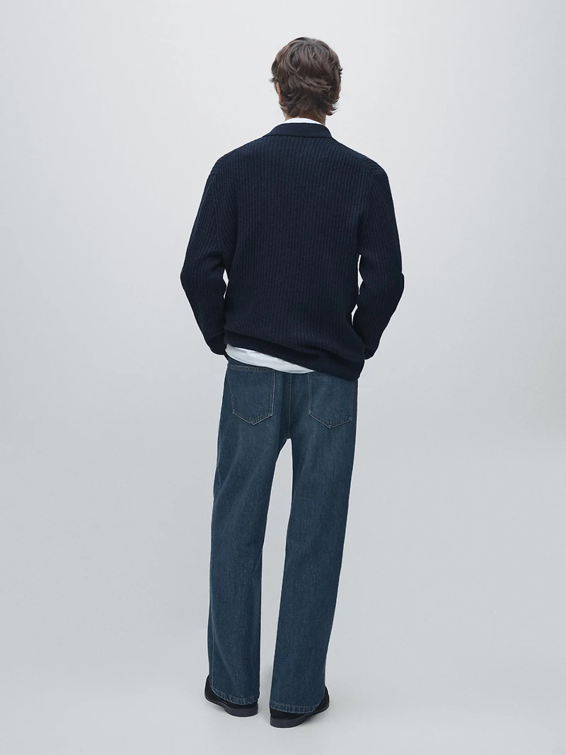 Ribbed knit cotton and wool cardigan with zip