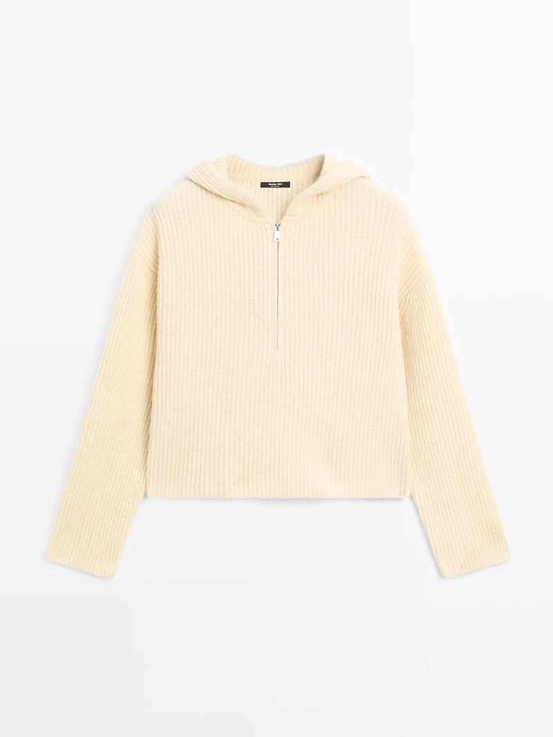 Wool blend sweater with hood detail