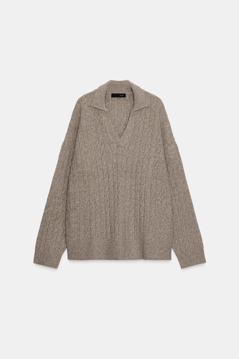 CABLE KNIT POLO SWEATER