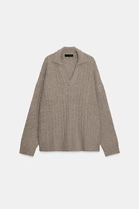 CABLE KNIT POLO SWEATER