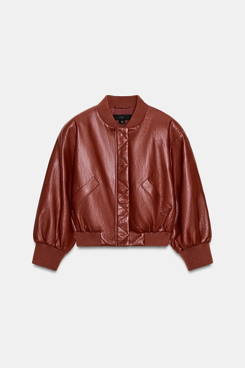 FAUX LEATHER SHOULDER PAD BOMBER JACKET