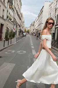 OFF-THE-SHOULDER COMBINATION MIDI DRESS WITH BELT