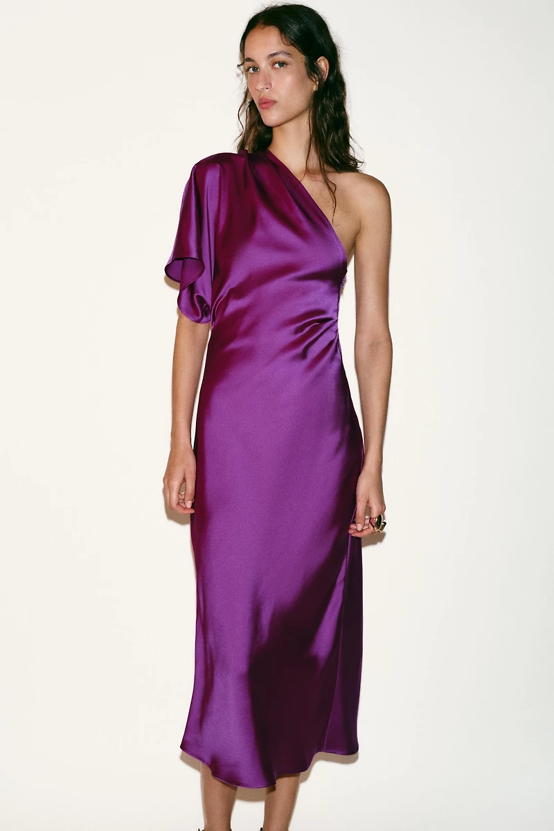 ASYMMETRIC SATIN MIDI DRESS