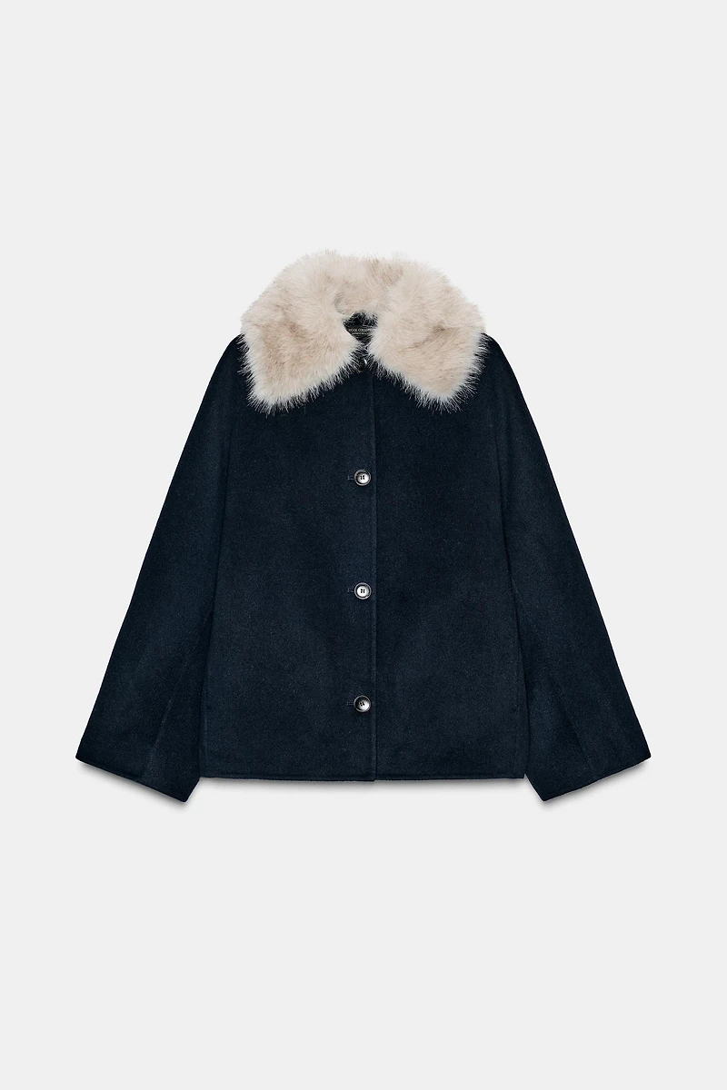 ZW COLLECTION WOOL BLEND FAUX FUR COLLAR JACKET