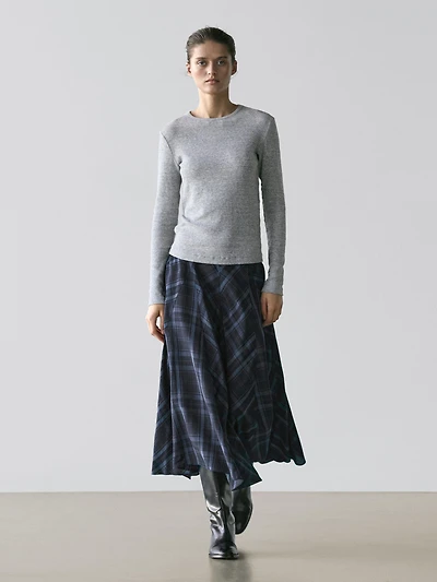 Check print flowing godet skirt