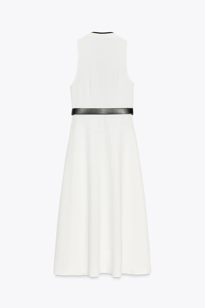 BELTED CONTRAST TRIM MIDI DRESS