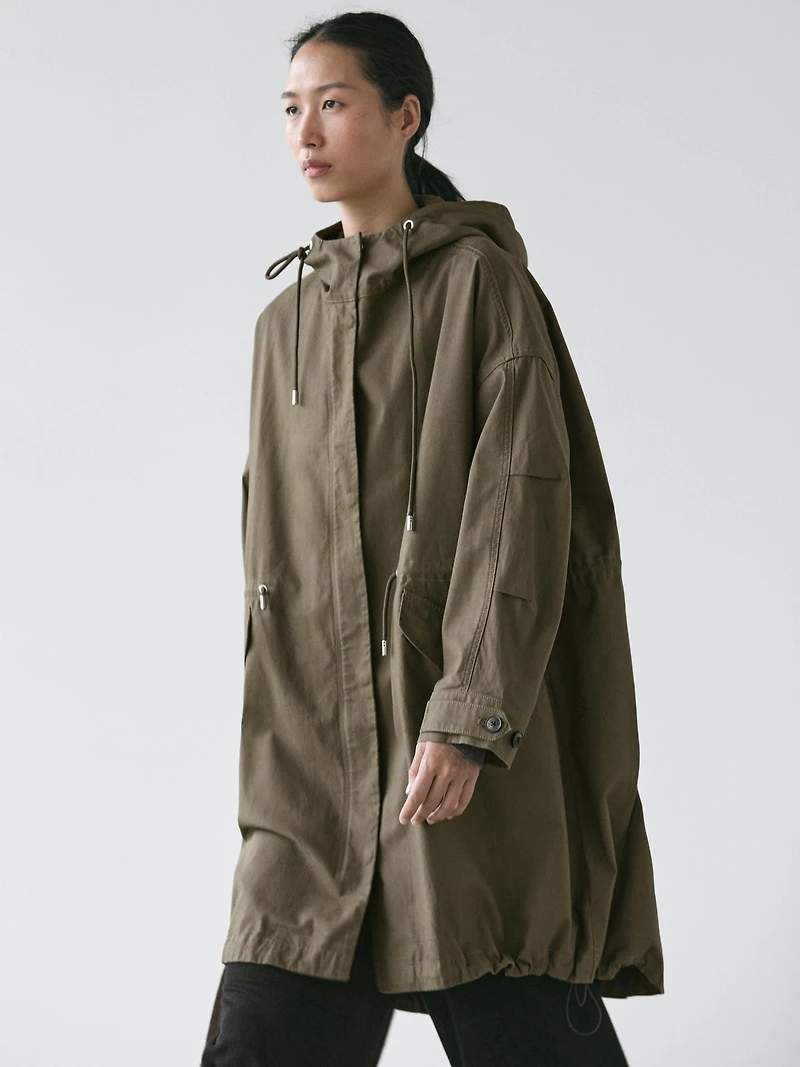 Technical fabric trench coat with hood