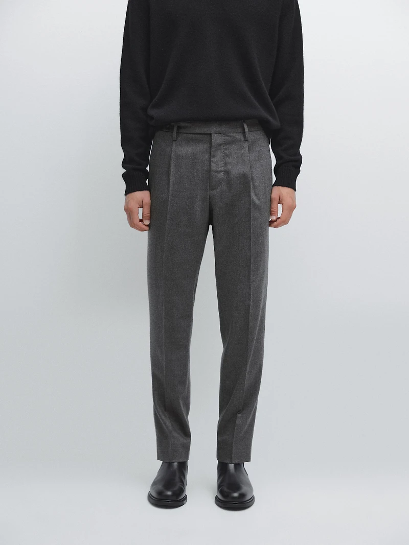 Pantalon à pinces en flanelle de laine mélangée