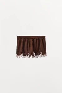 SATIN EFFECT EMBROIDERED LACE SHORTS