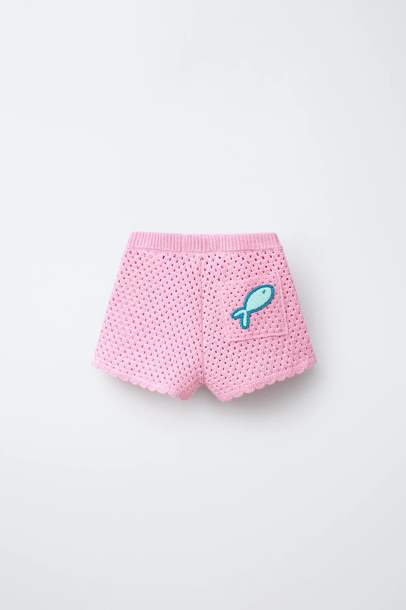 CROCHET KNIT SHORTS WITH FISH EMBROIDERY