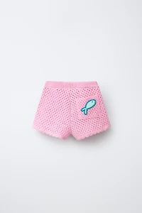 CROCHET KNIT SHORTS WITH FISH EMBROIDERY