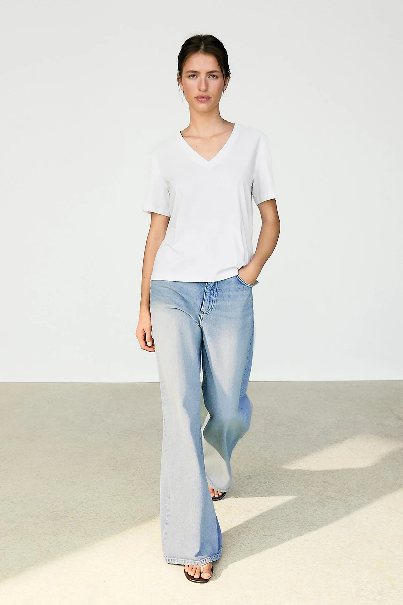 T-shirt interlock col en V 100 % coton