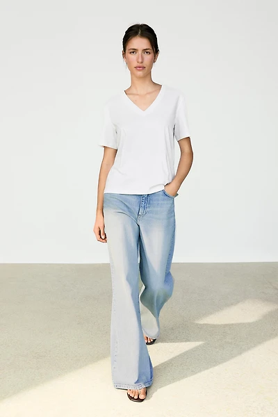 T-shirt interlock col en V 100 % coton