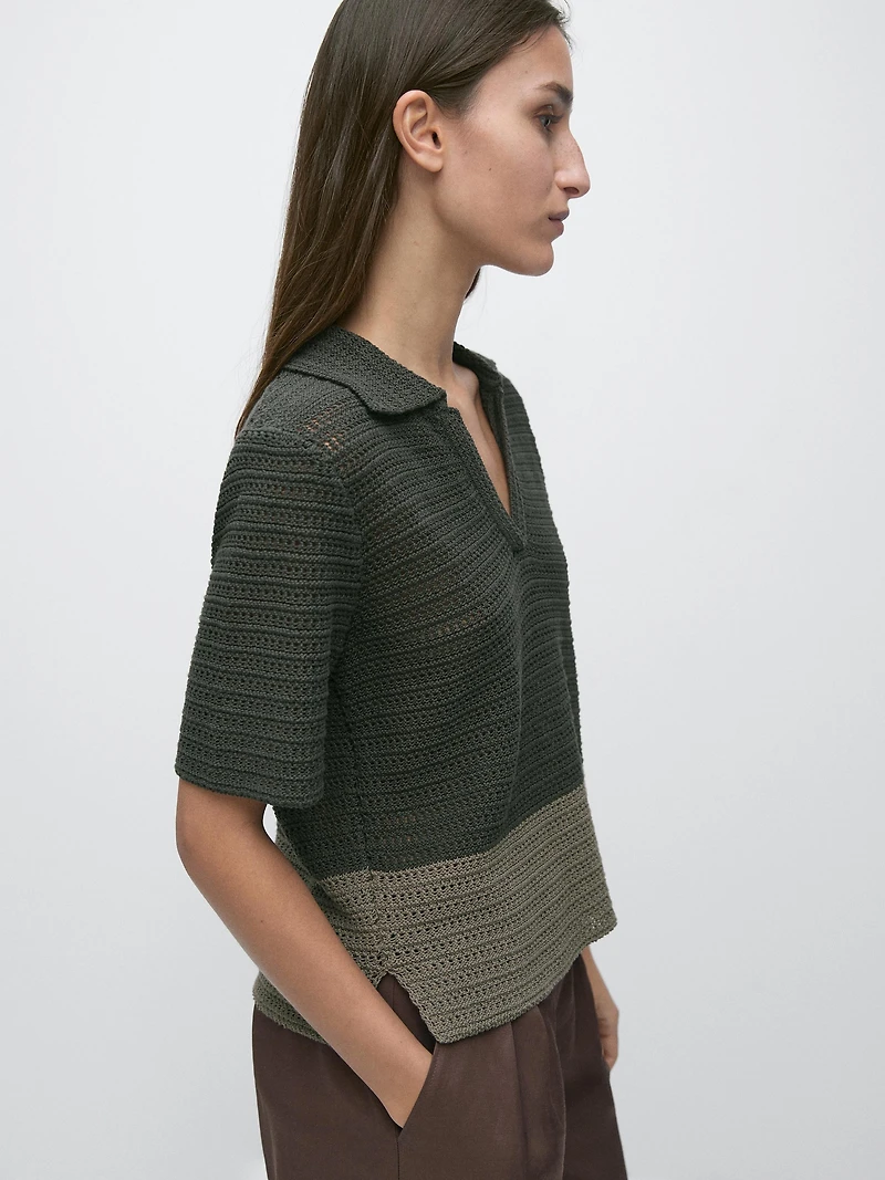 Cutwork short sleeve polo sweater