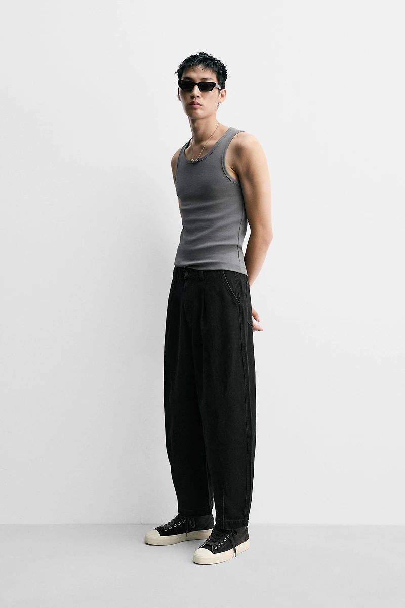 PLEATED WIDE FIT DENIM CHINO PANTS