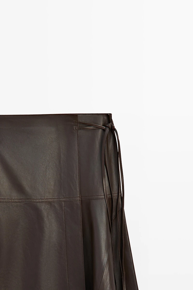 Nappa leather midi skirt with tie detail