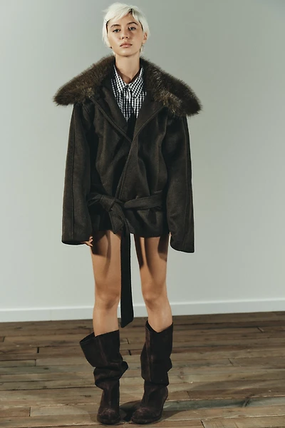 WOOL BLEND COAT WITH FAUX FUR COLLAR