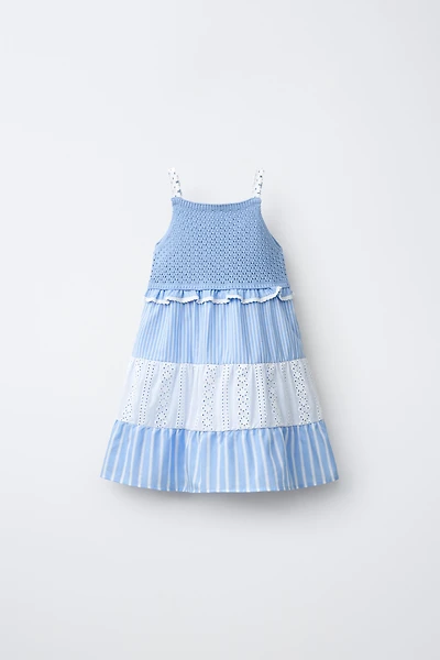 STRIPED AND SWISS EMBROIDERED KNIT DRESS