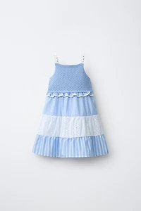 STRIPED AND SWISS EMBROIDERED KNIT DRESS