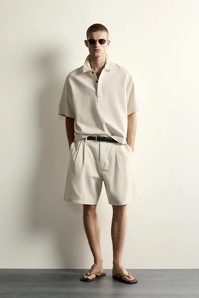 WIDE FIT STRIPED PLEATED SHORTS