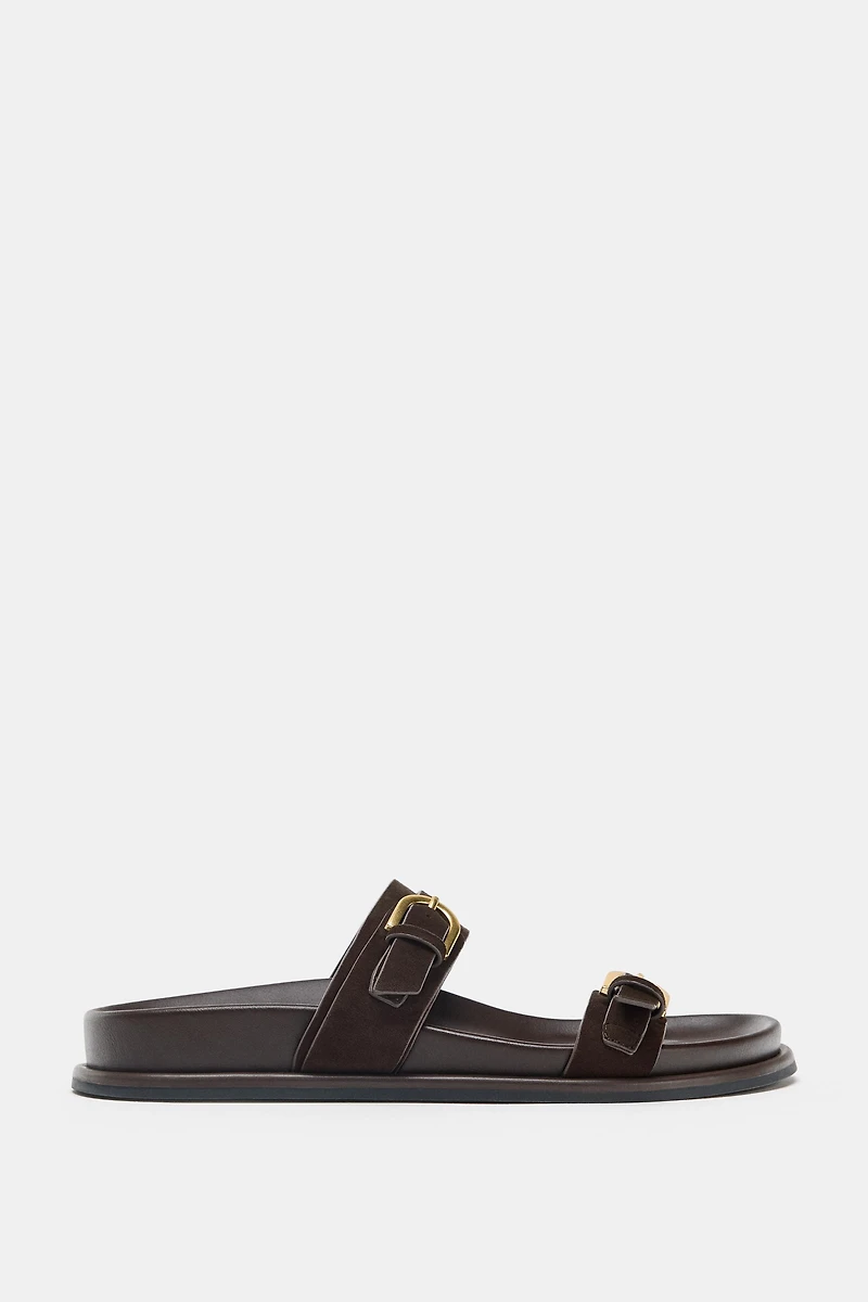 SUEDE BUCKLED SLIDE SANDALS