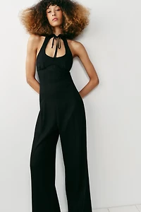 LINEN BLEND WIDE-LEG HALTER JUMPSUIT