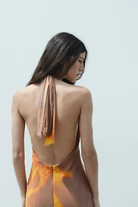 PRINTED TULLE MIDI HALTER DRESS