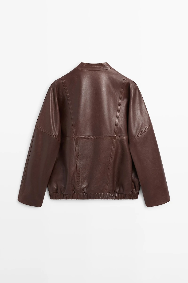 Asymmetric nappa leather bomber jacket