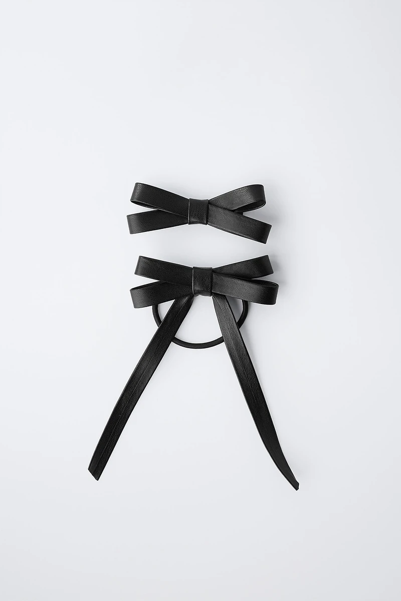 FAUX LEATHER BOW HAIR CLIP AND HAIR TIE PACK