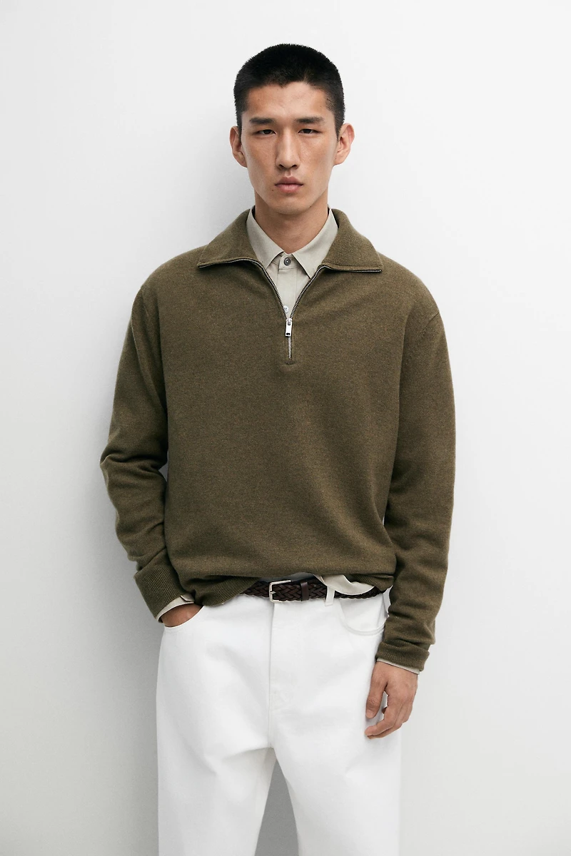 Mock neck zip-up knit sweater