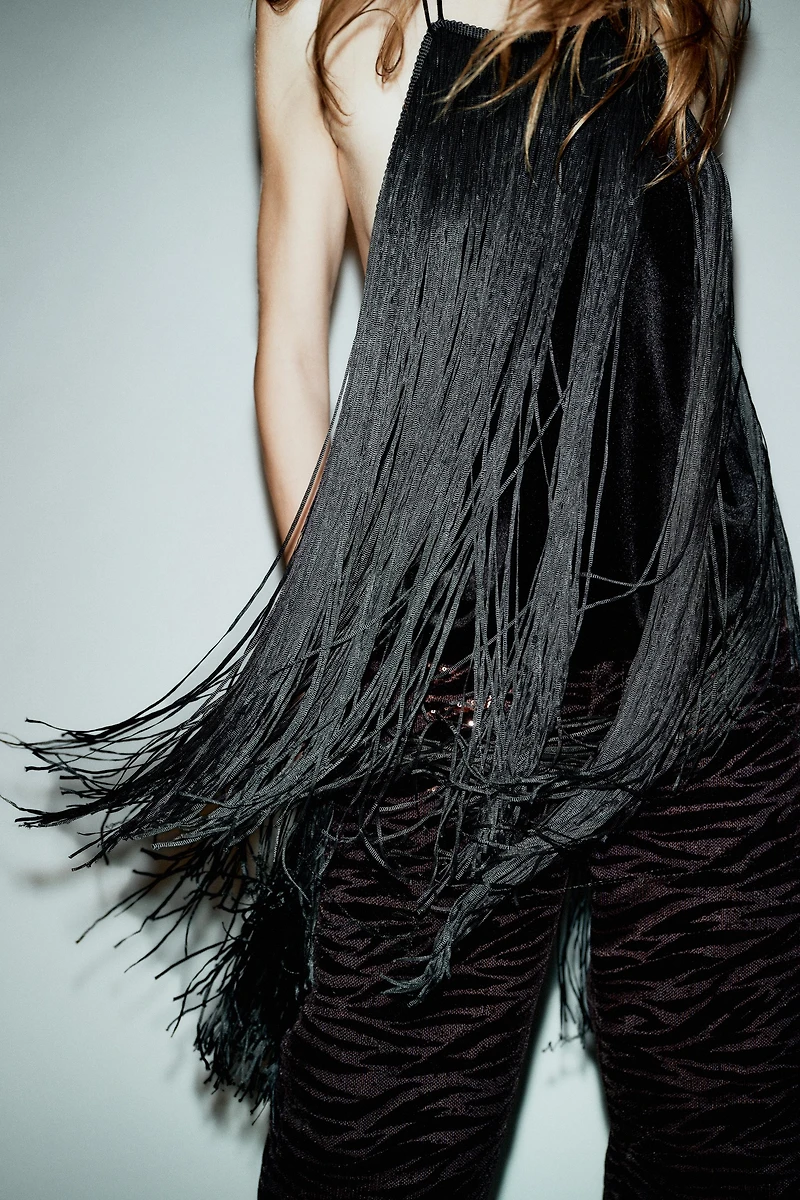 FRINGED VELVET HALTER TOP