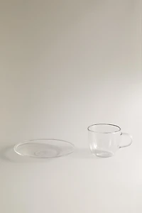 BOROSILICATE GLASS TEA CUP AND SAUCER WITH SILVER RIM