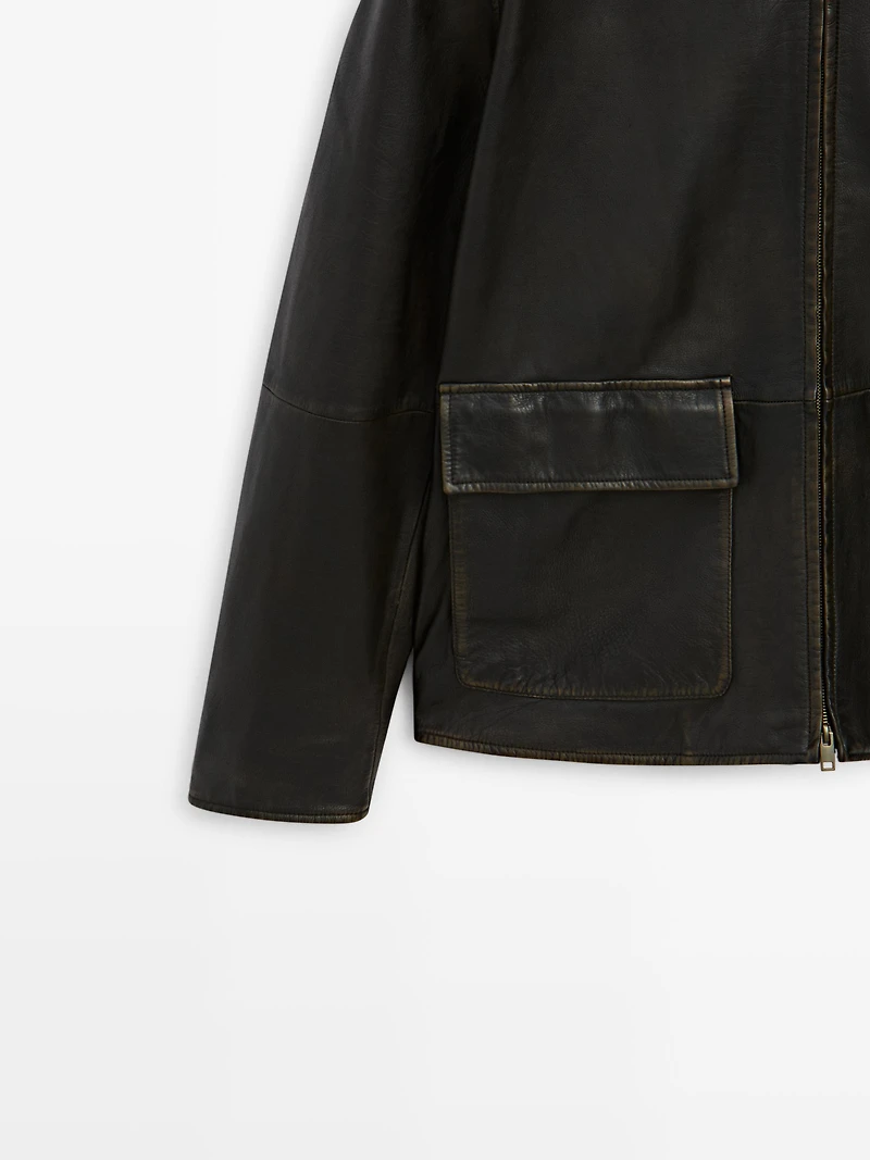 Distressed effect short nappa leather jacket