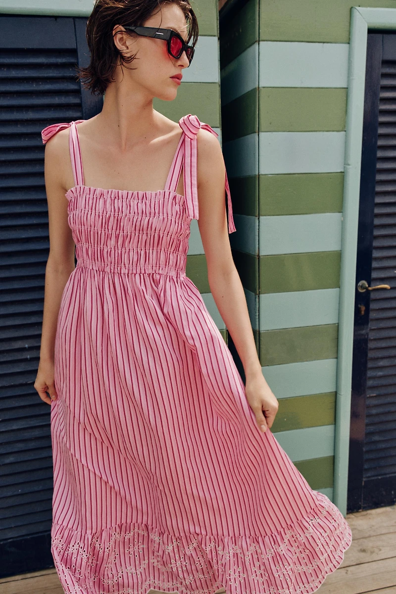 STRIPED TIED MIDI DRESS