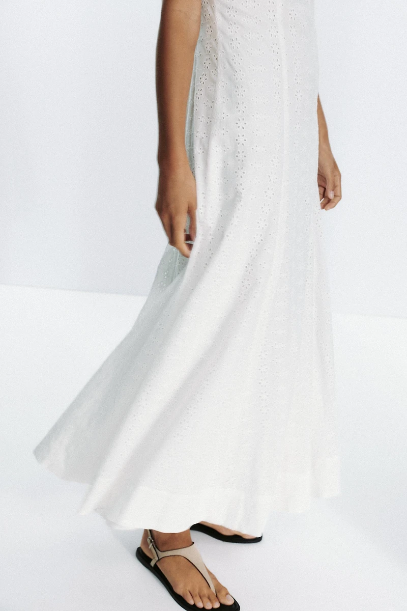 EMBROIDERED EYELET CORSET MIDI DRESS