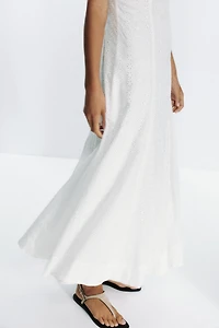 EMBROIDERED EYELET CORSET MIDI DRESS
