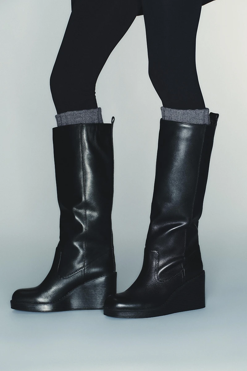 LEATHER WEDGE HEEL WATER REPELLENT BOOTS