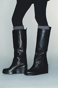 LEATHER WEDGE HEEL WATER REPELLENT BOOTS