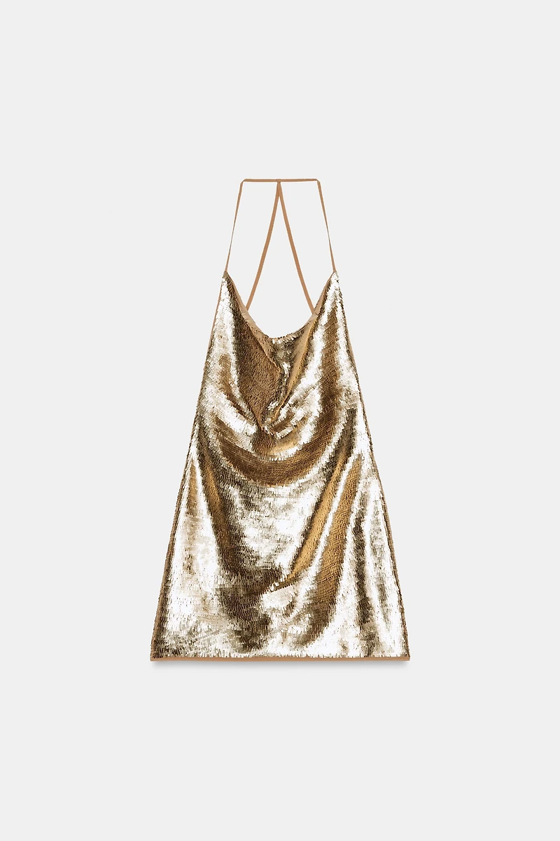 SEQUIN DRAPED HALTER MINI DRESS