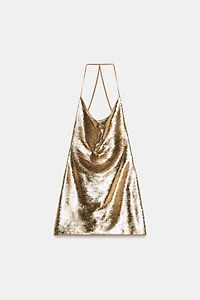 SEQUIN DRAPED HALTER MINI DRESS