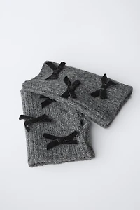 KNIT MITTEN GLOVES WITH VELVET BOWS