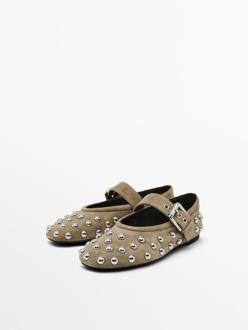 Studded split leather ballet flats