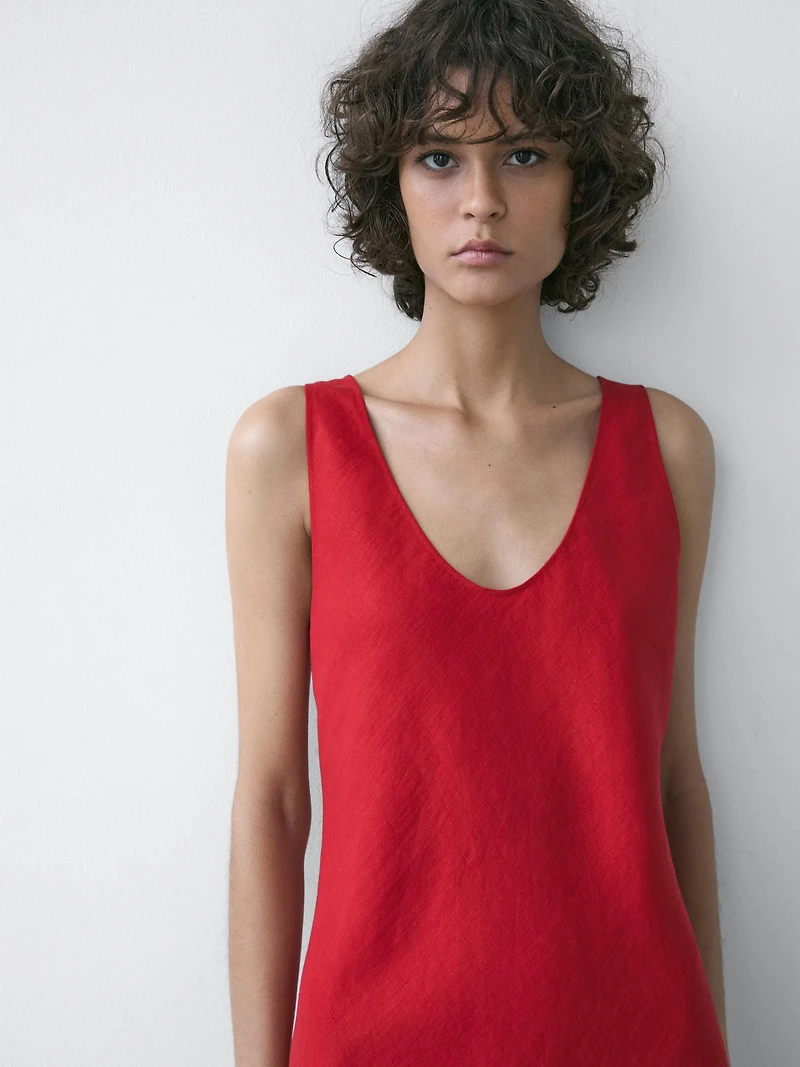 100% linen strappy midi dress