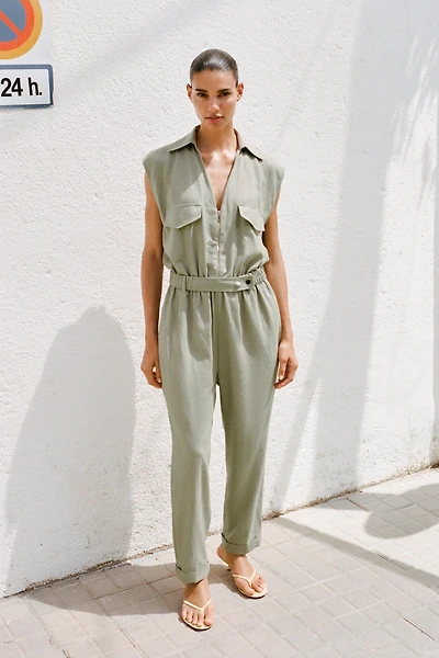LINEN BELTED LONG JUMPSUIT