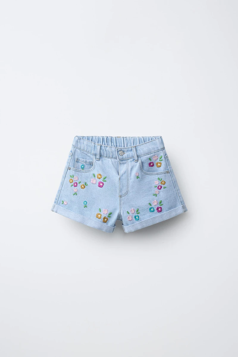 EMBROIDERED FLORAL DENIM SHORTS
