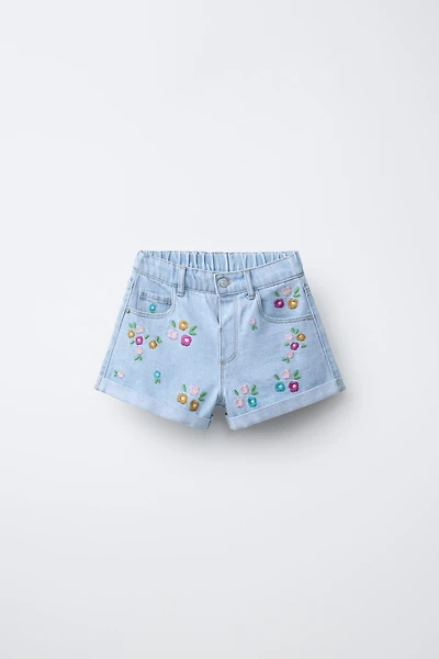 EMBROIDERED FLORAL DENIM SHORTS
